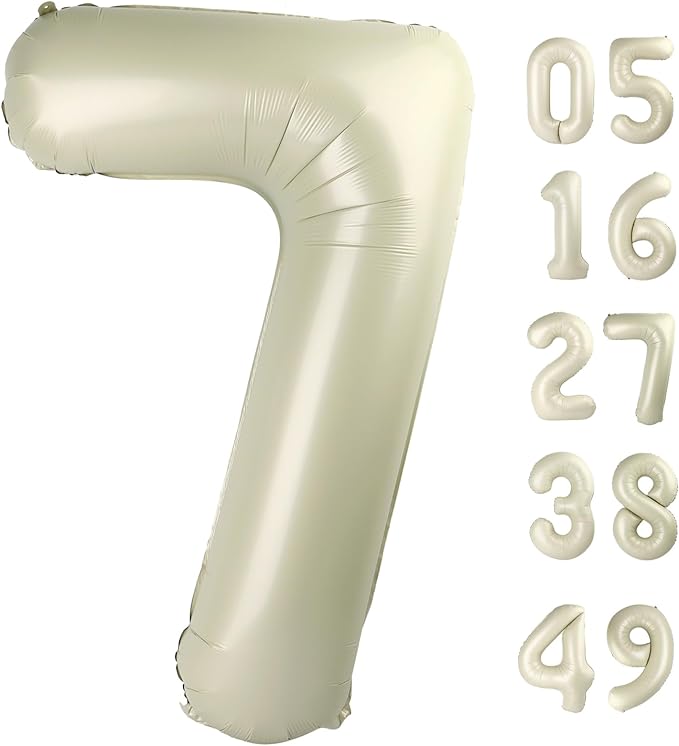 Cream White Number 7 Birthday Balloon 40 Inch, Digital Balloons for 7 17 27 70 77 Party Celebration Decorations Supplies, Mylar Foil Numbers Balloon for Seven Wedding Anniversary