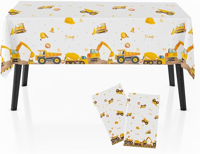 2 Pack Construction Party Tablecloth for Kids, Digger and Excavator Theme Table Cover, 108x54 Inch Truck Birthday Party Decors for Boys, Rectangle Waterproof Table Cloth
