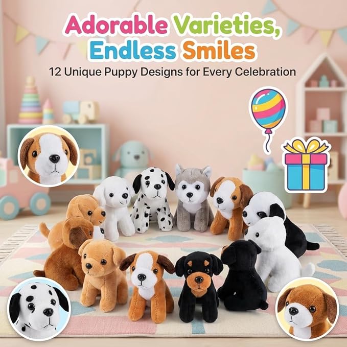 Bedwina Plush Puppy Dogs - (Pack of 12) 6 Inches Tall Stuffed Animals Bulk Assorted Puppies and Cute Stuffed Plushed Dog Puppies Assortment, Stocking Stuffers