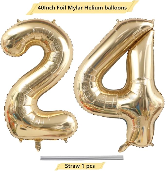 40 Inch Light Gold 24 Numbers Balloons White Gold Giant 24 Foil Mylar Helium Large Digital Balloon Champagne Gold Birthday Jumbo Balloons 24th or 42nd Anniversary Party Decorations Supplies