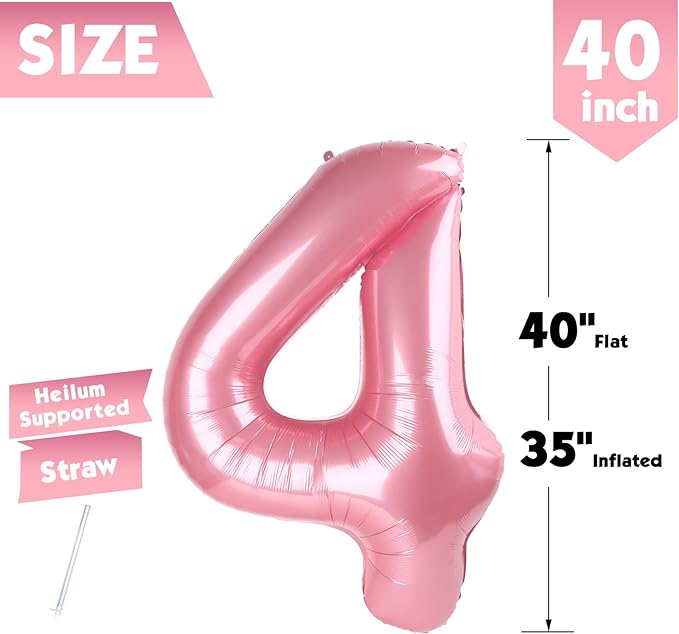40 Inch Pearlescent Pink Number 4 Balloon, Giant 4 Number Balloons for 4th Birthday Decorations, Party Supplies for Baby Boy Girl, Pearlescent Pink Party Decor