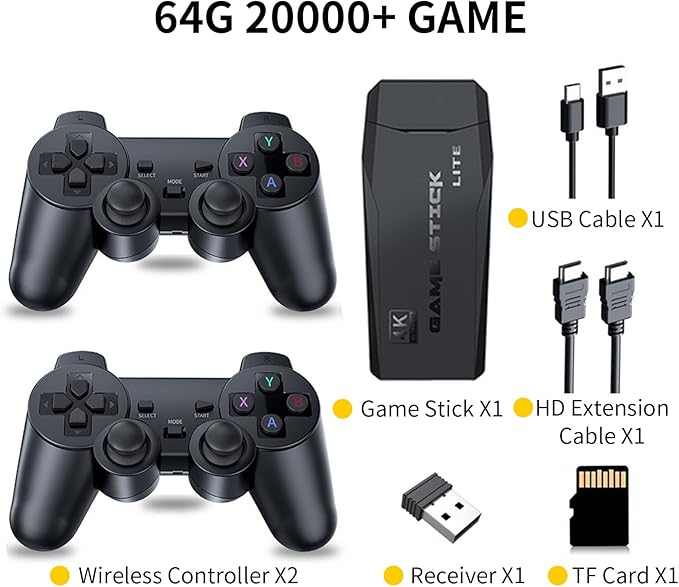 Wireless Retro Game Console with 2 Wireless Controllers - Built-in 20,000+ Classic Games, 4K HDMI TV Output, 18 Simulators, Plug and Play - 64GB TF Card Included - Gift for Kids & Adults