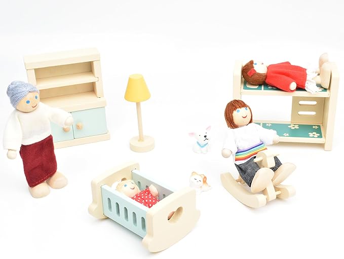 Wooden Doll House People of 7 Miniature Figures and 2 Pets, Dollhouse Dolls Family Set Accessories for Girls Toddler Kids Pretend Play and Imaginative Fun