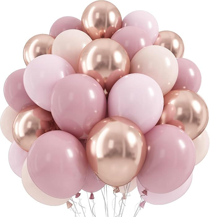 Dusty Pink Beige Balloon, 55 Packs 12 Inch Double Stuffed Retro Baby Pink and Metallic Rose Gold Balloons for Bridal Baby Shower Women Girls Birthday Wedding Party Decorations