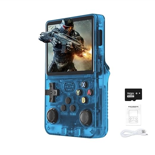 R36S Handheld Arcade Console - Built-in 20,000 Games & 64G, 3.5 Inch IPS Screen, Open Source System, Classic Emulator (Blue)