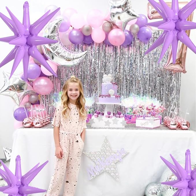 TONIFUL 4 Pcs 22inch 4D Light Purple Explosion Star Mylar Balloons 14Point Star Balloons for Party Backdrop Christmas,New Year Birthday, Wedding Baby Shower Anniversary Photo Booth Supplies