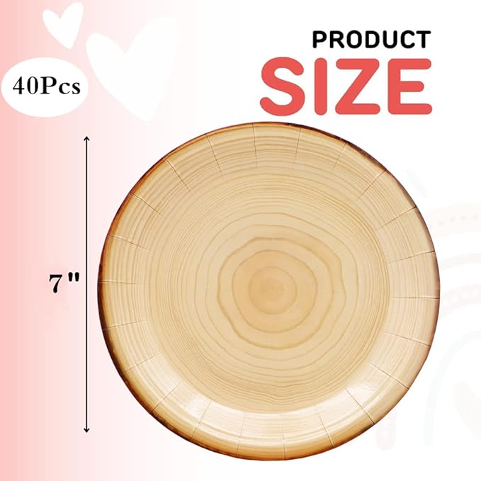 40Pcs Wood Grain Party Supplies Wood Grain Paper Plates 7" Rustic Wood Slice Dessert Plates Camp-Fire Party Supplies Camping Woodland Animal Baby Shower Lumberjack Theme Birthday Part y Decorations