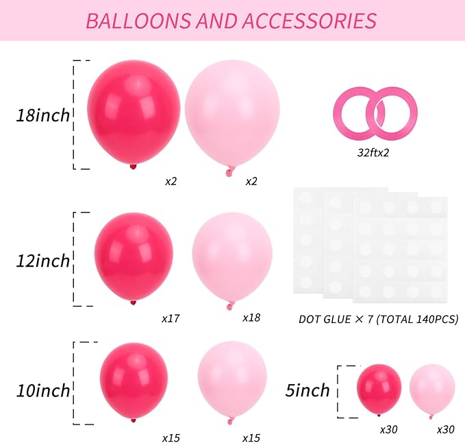 RUBFAC Baby Pink and Hot Pink Balloons 129pcs Different Sizes Pack of 18 12 10 5 Inch, Latex Magenta Pastel Pink Balloon Garland Arch Kit for Birthday Wedding Anniversary Baby Shower Princess Theme