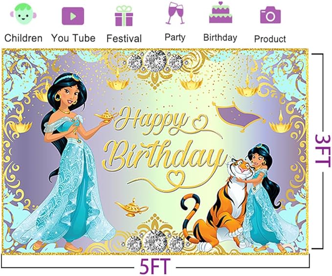 Blue Princess Jasmine Backdrop for Birthday Party Supplies 5x3ft Aladdin Theme Baby Shower Banner for Birthday Party Cake Table Decoration