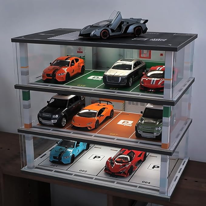 Model Car Display Case 1:24 Scale Diecast Diorama Garage with Lights for Lego Alloy Car Collectibles Wood Storage Shelf,3 Tiers of 12 Parking Spaces