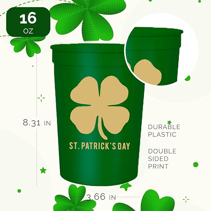 Let's Get Lucky St. Patrick's Day Cups, Set of 12-16oz Plastic Saint Cups for Party Favors and Shamrock-Themed Decorations - St Patricks Day Party Supplies and Drinking Accessories