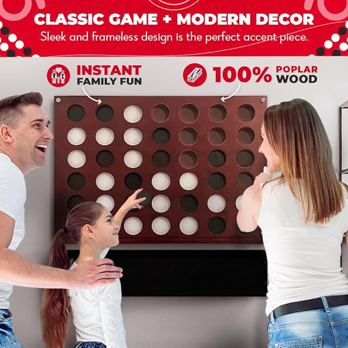 Swooc Games® - Wall Mounted Giant 4 in A Row - 60% Quieter - Jumbo Size Wall Games - Game Room Game, Accessories and Decor - Garage and Basement Decor - Large Connect - Four in a Row for Kids & Adults