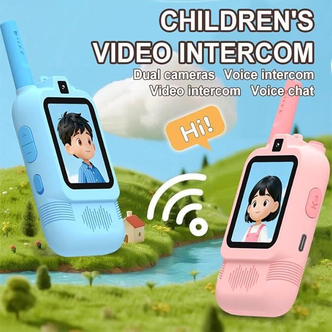 Video Walkie Talkies for Kids 2 Pack with Dual Camera, 2.0” Screen, Voice Chat & Photo Capture – 150–500m Range, Fun Voice Effects, Auto Pairing, 650mAh Rechargeable Battery
