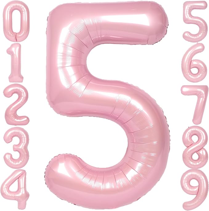 SUWEN 40 Inch Pink Large 5 Number Balloons Big Foil Helium Number Balloons 0-9 Jumbo Happy 5th Mylar Birthday Party Decorations for Girl Anniversary Party Supplies