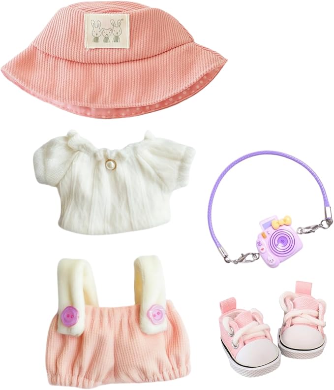 Clothes for Lu bubu 17cm Dolls Accessories(No Doll), Cute Outfit Set 5 Pieces Bib Pants for 17cm Doll Suit, Stylish Dress Up Overalls Doll Clothing Set Replacement with Hat Clothes Shoes Pink