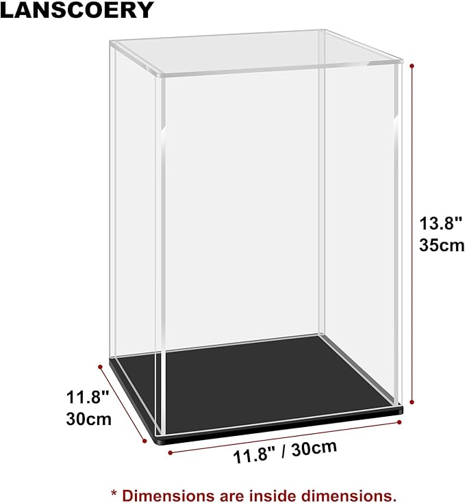 LANSCOERY Acrylic Display Case, Assemble Showcase Display Box for Collectibles, with Dustproof & Seamless Display Design, 11.8x11.8x13.8inch Black Base