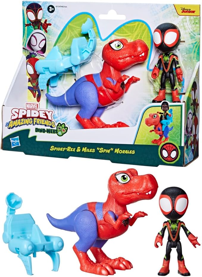 Marvel Spidey and His Amazing Friends Dino-Webs Spidey-Rex & Miles “Spin” Morales 4-inch-Scale Spider-Man Action Figure Set, Toys for Kids