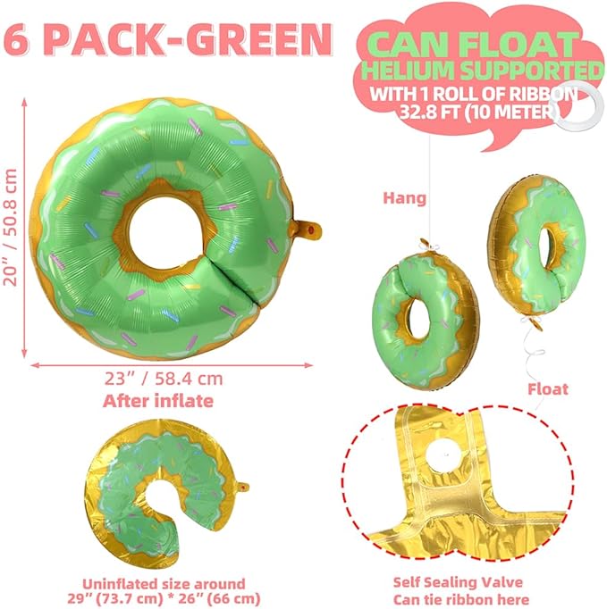 Sweet Cake Sprinkle Doughnut Balloons Food Sweetmeat Candy Donut Theme Party Supplies For Birthday Baby Shower Wedding Grow Up, 6 Pack 23'' Green Donut Time Balloons Cute Dessert Candy Time Decoration