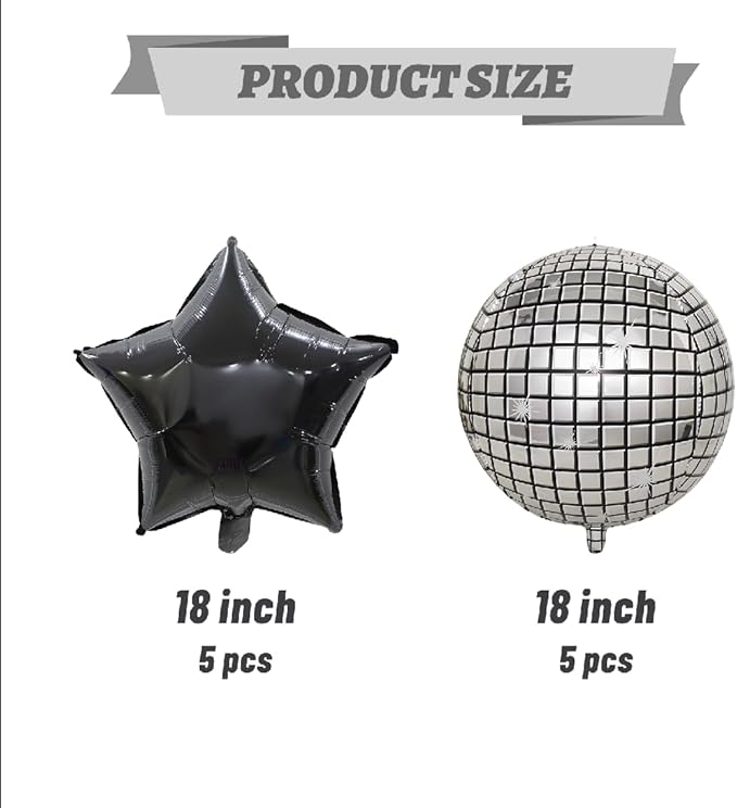 FBQ 10 Pcs Silver Disco 4D Balloons Black Star Balloons 18 Inch for 70s 80s 90s Birthday Disco Party Queen Party Decorations Supplies
