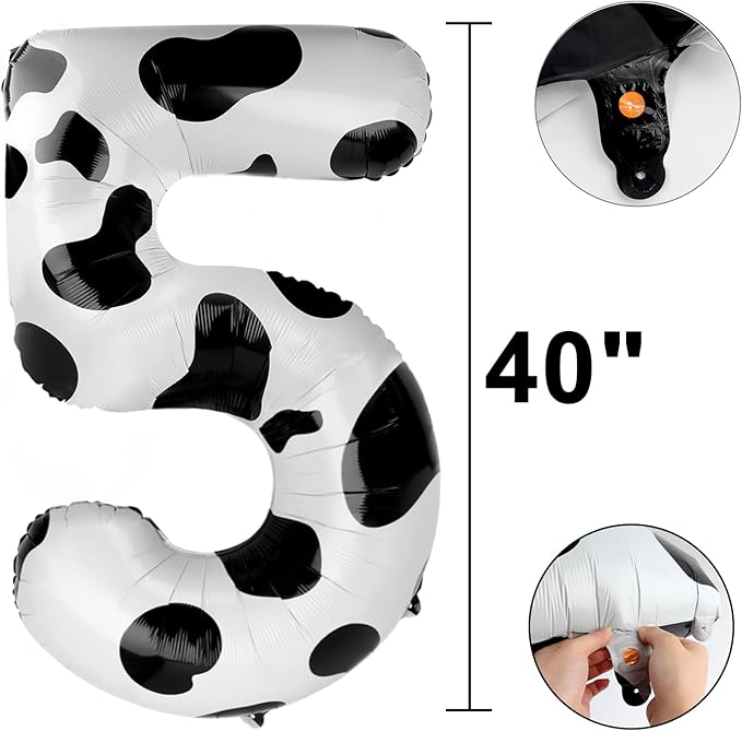 40 Inch Cow Print Balloon Number 5 Balloon Jumbo Mylar Foil Helium Balloon for 15 25 35 50 Big Giant Jumbo Huge Foil Mylar Balloons 55th 65th Birthday Balloons Men Women Party Decorations