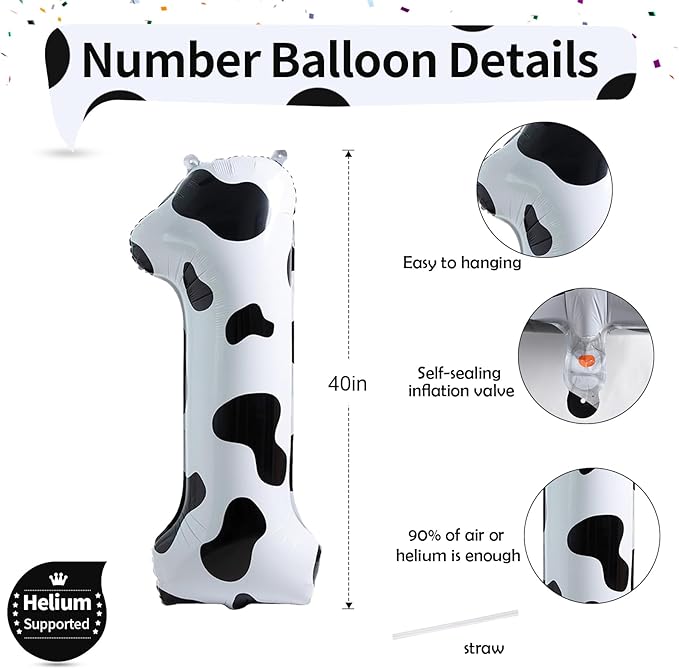 Cow Print Number 1 Balloon, 40 Inch, Self Sealing, Aluminum, Unisex, Birthday Decoration Supplies