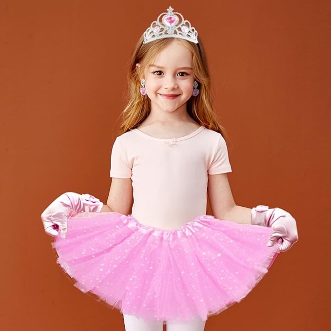 Princess Dress Up Accessories Tulle Skirt Toddler Tutu Costume Toys with Princess Crown Gloves Wand Earrings Ring Handbag 9pcs Girl Role Play Gift Set Birthday Party Favors for 3-8 Years Girls