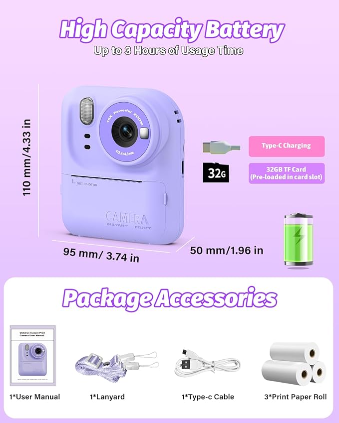 Kids Camera Instant Print Photo, Portable Thermal Printing Camera Toy with HD Digital Video, for 3-12 Years Old Boys Girls, Creativity & Learning (Purple)