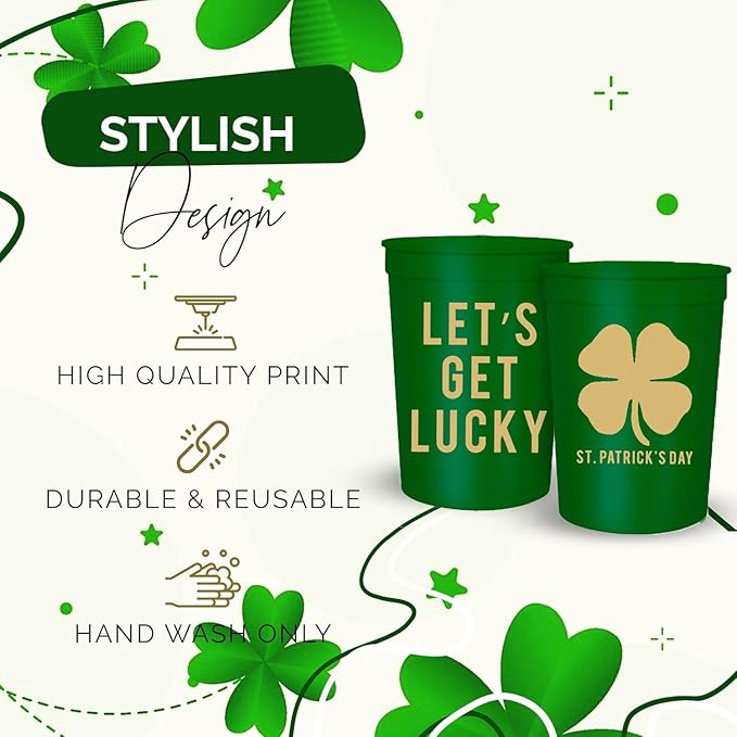 Let's Get Lucky St. Patrick's Day Cups, Set of 12-16oz Plastic Saint Cups for Party Favors and Shamrock-Themed Decorations - St Patricks Day Party Supplies and Drinking Accessories