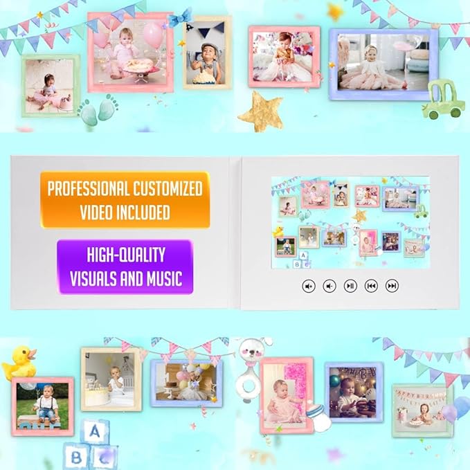 Newborn Birthday Video Greeting Card – Custom Slideshow with Your Photos – Delightful Gift for Babies – 7” LCD Screen, 512MB Storage, Rechargeable Battery, Ready for Instant Playback