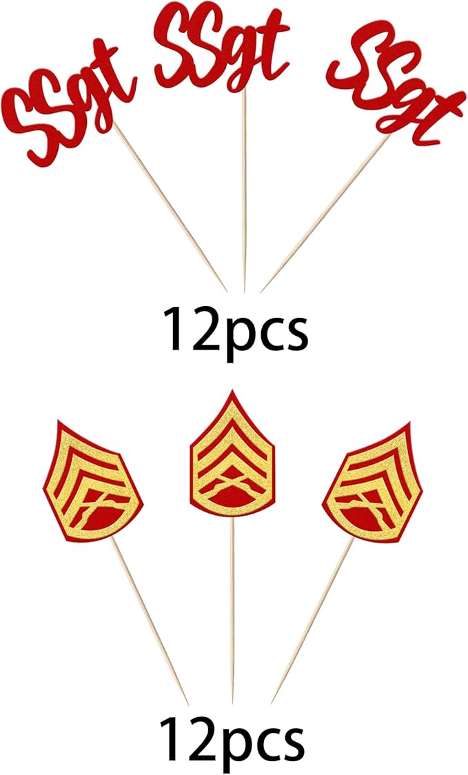 24 Pack SSGT Staff Sergeant Cupcake Toppers Glitter Military Bound Glitter Emblem Badge Cupcake Picks for Military Army Themed Cake Decorations Birthday Party Supplies Red Gold