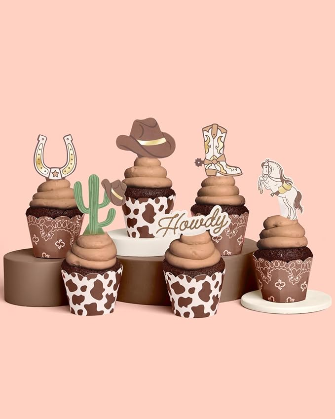 xo, Fetti Western Cupcake Liners + Toppers - Set of 24 | Rodeo Birthday Cake Decoration, Hoedown Bachelorette Food Accessory, Kids Party Supplies