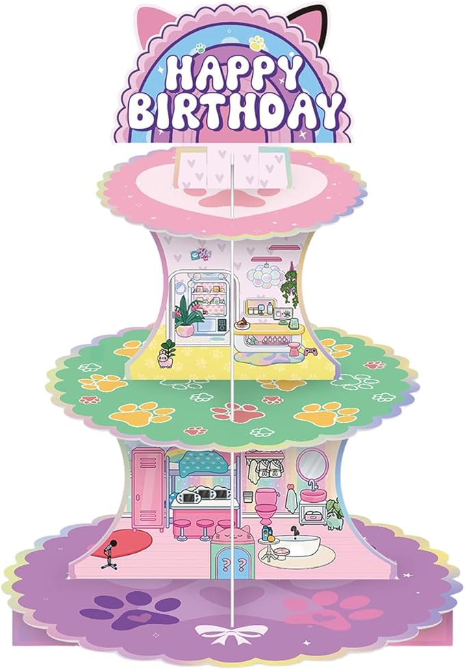 3-Tier Cartoon Doll House Cupcake Stand,Pink Cat Birthday Dessert Stand Doll House Theme Birthday Supplies