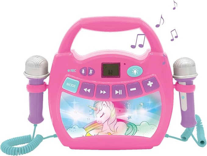 LEXiBOOK Unicorn - Portable Karaoke Digital Player for Kids – Microphones, Light Effects, Bluetooth, Record and Voice Changer Functions, Rechargeable Battery, Pink, MP320UNIZ
