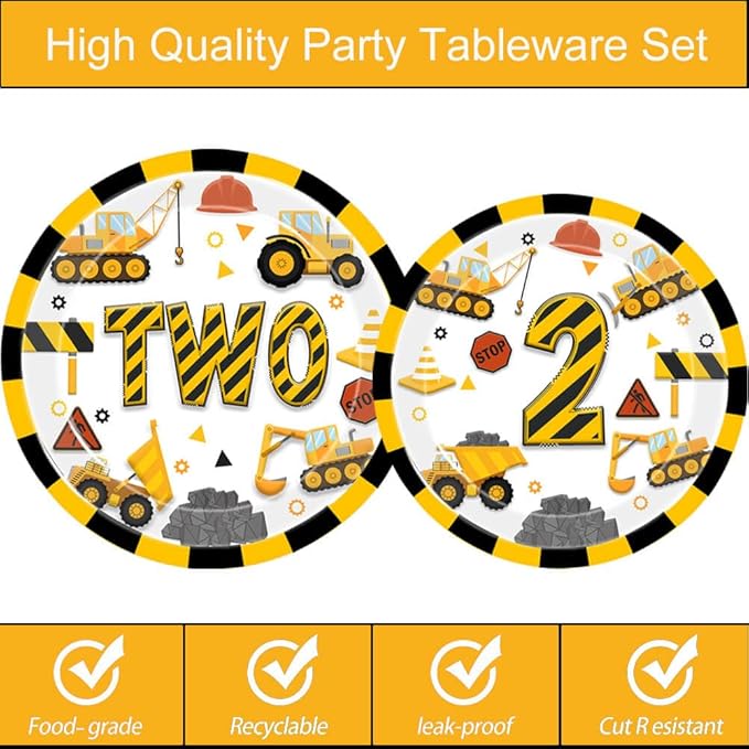 51 Pcs Construction 2nd Birthday Party Supplies Dump Truck Two Years Old Tablecloth Paper Plates Napkins Forks Dinnerware for Construction 2nd Birthday Party Supplies Decorations