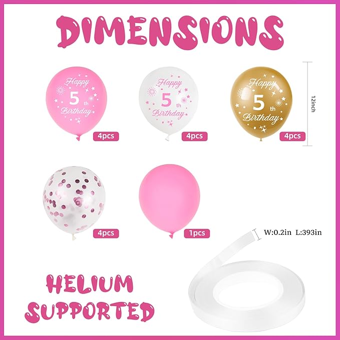 Pink 7th Birthday Balloons - 16pcs Pink & Gold, Happy 7th Birthday Confetti Balloons for Princess Theme Party Decorations