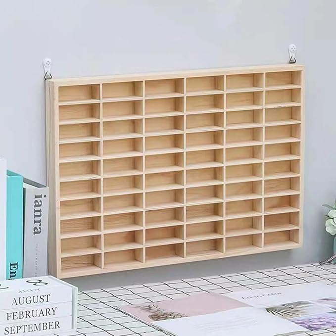 1:64 Scale Toy Car Display Case Organizer Storage, Wooden Wheel Rack Wall Mounted with 60 Compartments, Stylish Diecast Car Display Rack for Toy Car, Collectibles, Figurines (58.6x4.5x46.8cm)