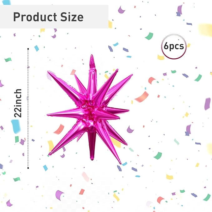 6 Pcs Rose Red Star Foil Balloons One-Piece 14-Pointed Star Balloon 4D Starburst Cone Mylar Balloon 22inch Christmas Birthday Wedding Wedding Anniversary Party Supplies(Rose Red)