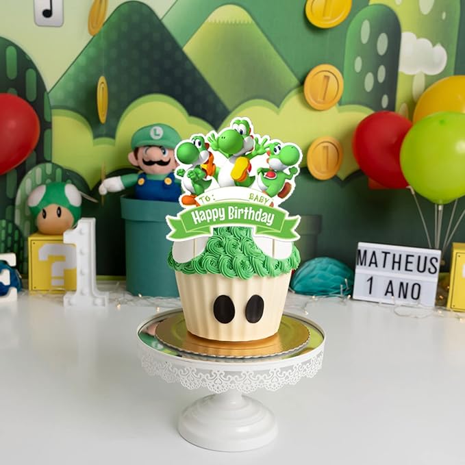 Yoshi Party Decorations,Yoshi Birthday Party Supplies Includes Banner - Cake Topper - 24 Cupcake Toppers - 18 Balloons