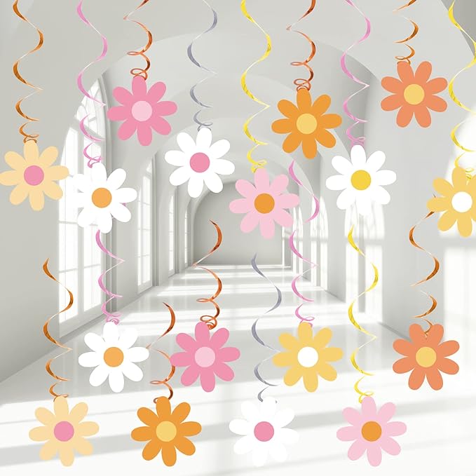 60pcs Daisy Flower Hanging Swirls Colorful Daisy Foil Swirls Ceiling Hanging Decor Flower Cutouts Party Supplies for Boho Hippie Groovy Retro Themed Birthday Baby Shower Spring Party Decorations Favor