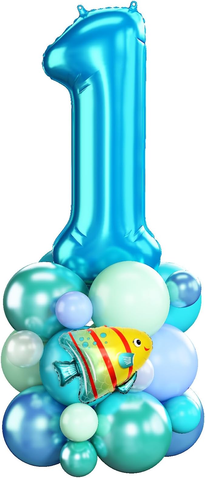 Blue Number 1 Balloon 40 Inch Ocean Under the Sea Number One Foil Balloons Tower with Shark Bubble Fish for Boys First 1st Birthday Party Decor Green Underwater Digital Aluminum Balloons Stack