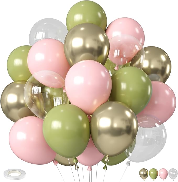 Retro Sage Green and Pink Balloons, 12 inch Metallic Gold Olive Green Pink Clear Latex Balloon for Jungle Safari, Christmas, Nutcracker, Woodland, Birthday Party Decoration