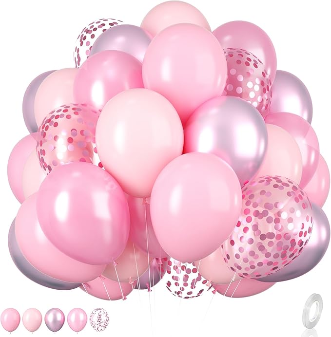 Pink Balloons Set,12 Inch Metallic Pink Pearl Pink Macaron Pink Light Pink Confetti Pink Different Shades Balloons For Girl Women Birthday Decorations Wedding Party Decorations Supplies