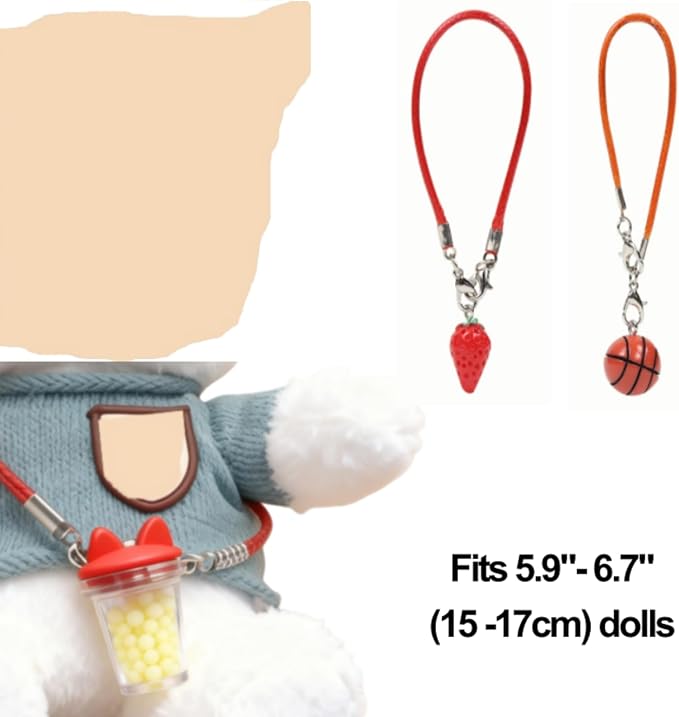 17cm Doll Accessories Set, for Labubu Accessories Outfits, Mini Doll Accessory Outfit, Labubu Accessory Set, Includes Coffee Cup, Strawberry, Guitar, Camera, Basketball, Cat Ear Cup, 6Pcs (No Doll)