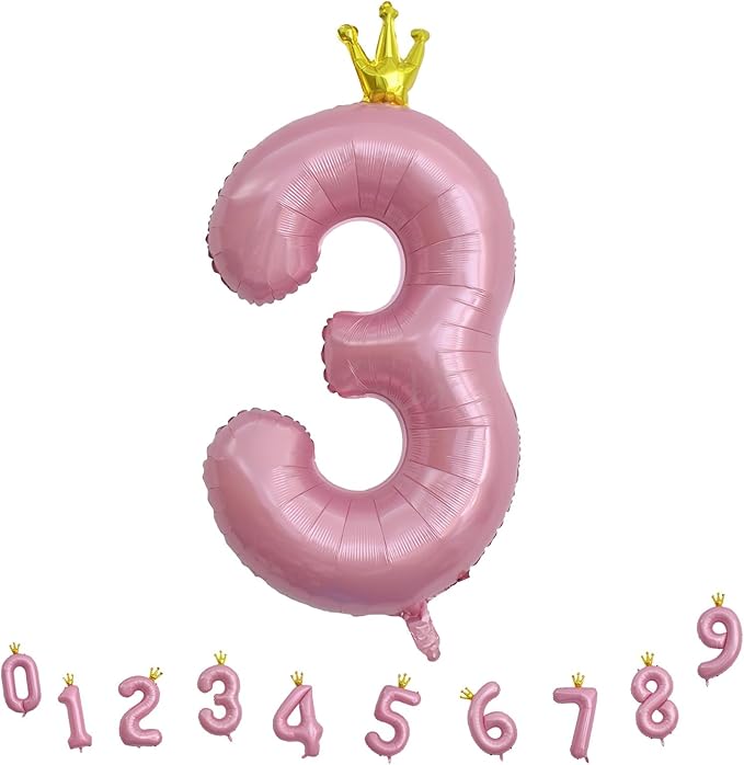 3rd Birthday Number Balloons for Girls, 40 Inch Light Pink Foil Number Balloons, Large Crown Pastel Pink Number Balloons 0-9 Set for Women 30th Birthday Party Decor Anniversary Decoration Supplies