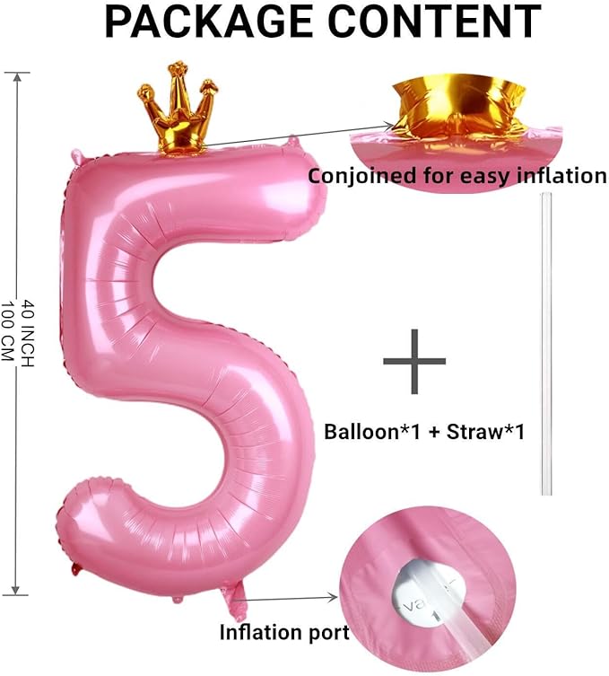 40 Inch Crown Pink Number 5 Balloon, Big Conjoined Baby Pink Foil Mylar Helium 5 Balloon for Girls 5th Birthday Party Decoration Princess Theme Party Decor Supplies Favors