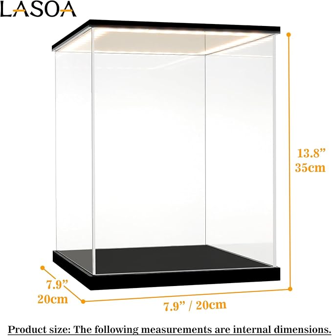 LASOA Acrylic Display Case with Warm Color Changing LED Light, Clear Display Box for Action Figures and Collectibles, Self-Assembly Dustproof Showcase with Black Base, 7.9x7.9x13.8inch