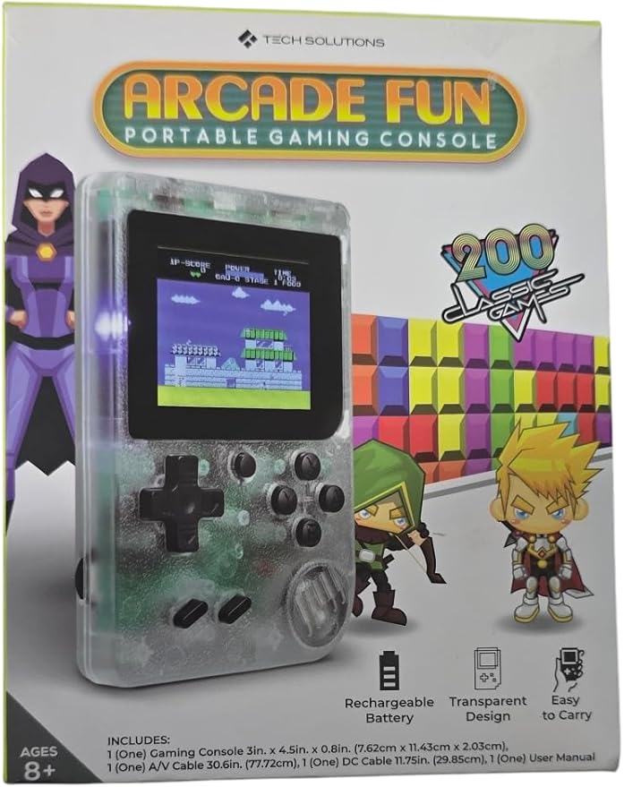 Arcade Fun Portable Gaming Console, 200 Games, 3 inch Screen, Rechargeable Battery, Transparent Design