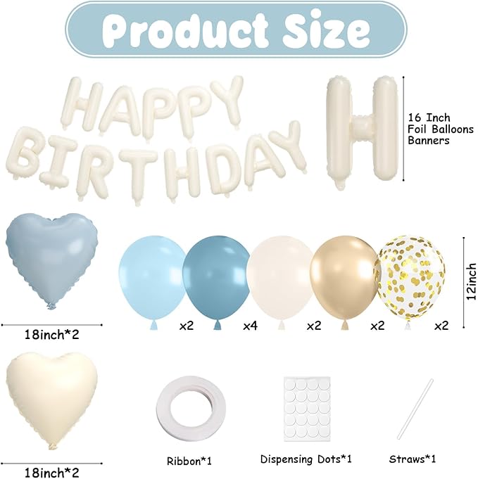 29PC Blue Heart Happy Birthday Balloon Banner, 16Inch 3D Aluminum Letter Banner Sign, Dusty Blue Metallic Gold Sand White Balloon 18 Inch Heart Foil Balloons for Boy Baby Shower Decorations
