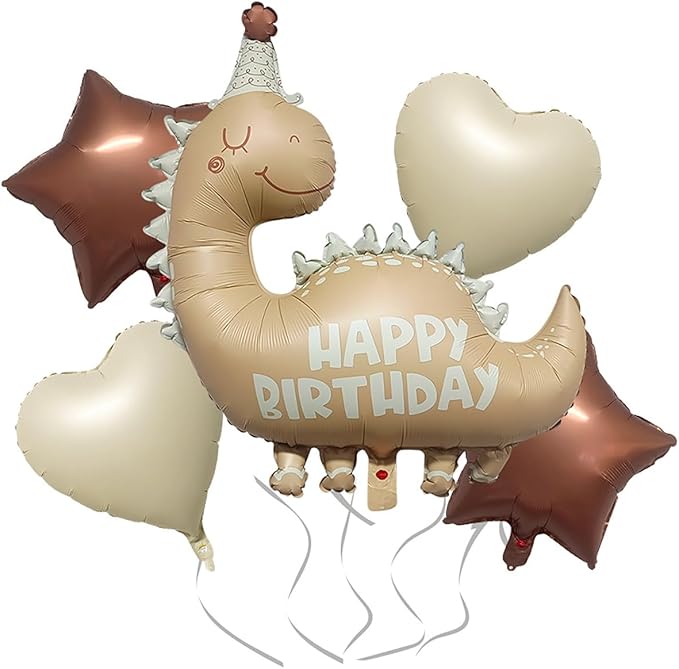 35''Nude Dinosaur Birthday Balloons &18''Brown Star Cream White Heart Foil Helium Balloon for Baby Shower Birthday Girl Boys Kids Dinosaur Theme Vintage Party Decorations Supplies 5Pcs