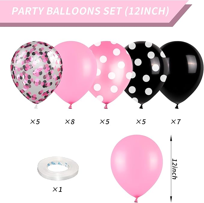 Pink and Black Balloons Set, 12 Inch Black Dots Birthday Balloon, Pink Latex Ballons Confetti Helium Balloons for Girls Theme Birthday Bridal Party Supplies